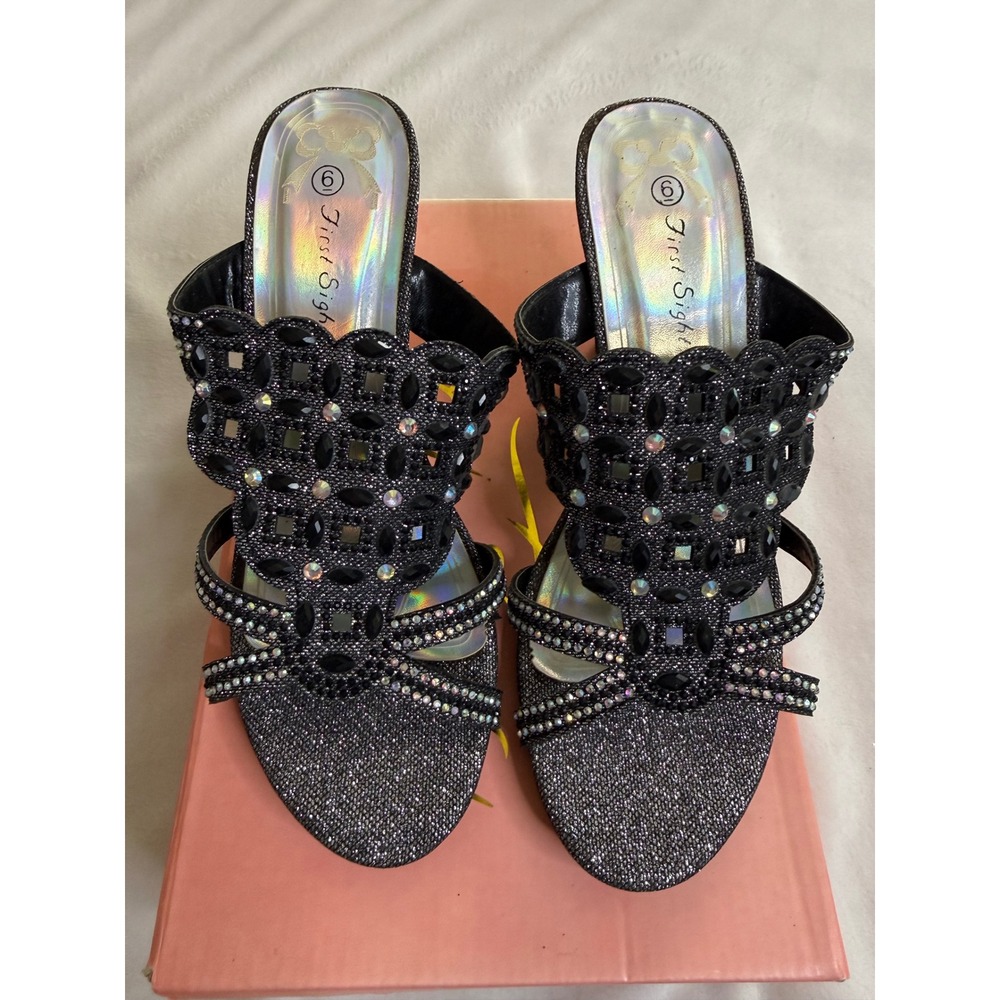 First Sight Kinmi 22 Black Glitter Rhinestone Slide Sandals Heels Womens 6